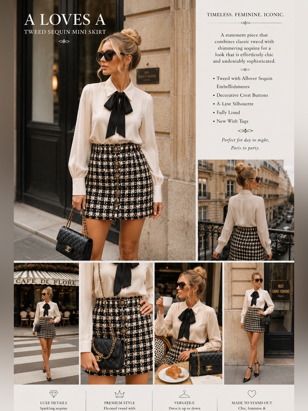 NWT A Loves A Tweed Sequin Mini Skirt Black Gold Plaid Size Small